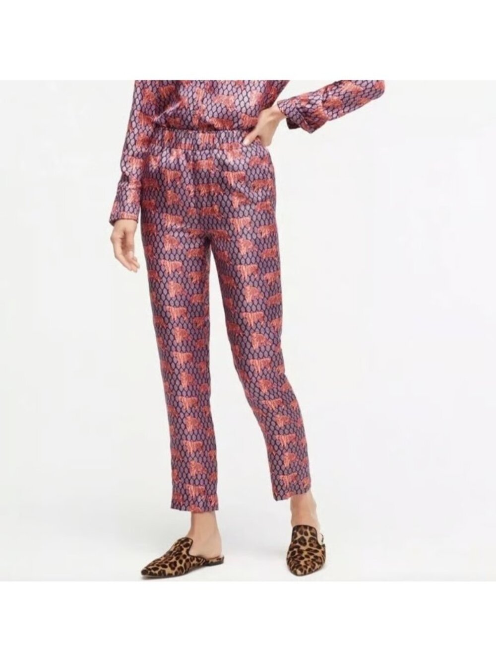 NWT J.Crew Silk Pull-on Easy Pant in Coral Peony Roaming Tigers Print Crop 0